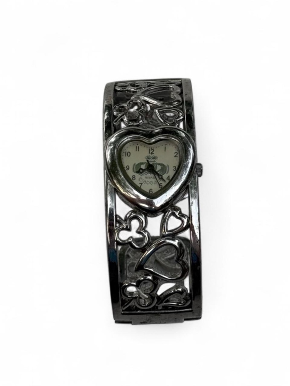 Vintage Silver Heart Cuff Watch Open Filigree Bangle Bracelet Shabby Chic Y2K